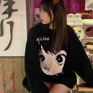 Anime Kawaii Girl Face Oversized Long Sleeve Streetwear