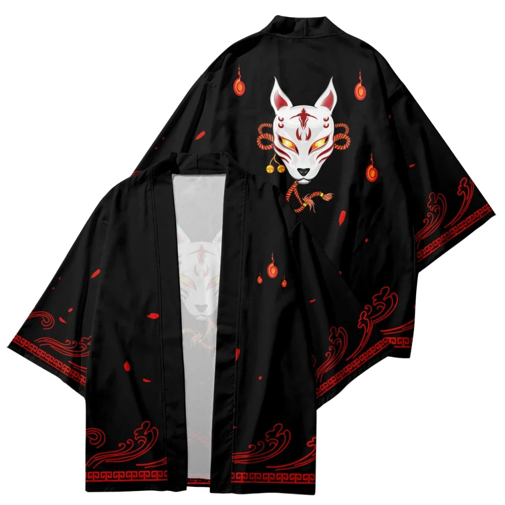 Anime White Fox Mask Black Red Unisex Kimono - Image 2