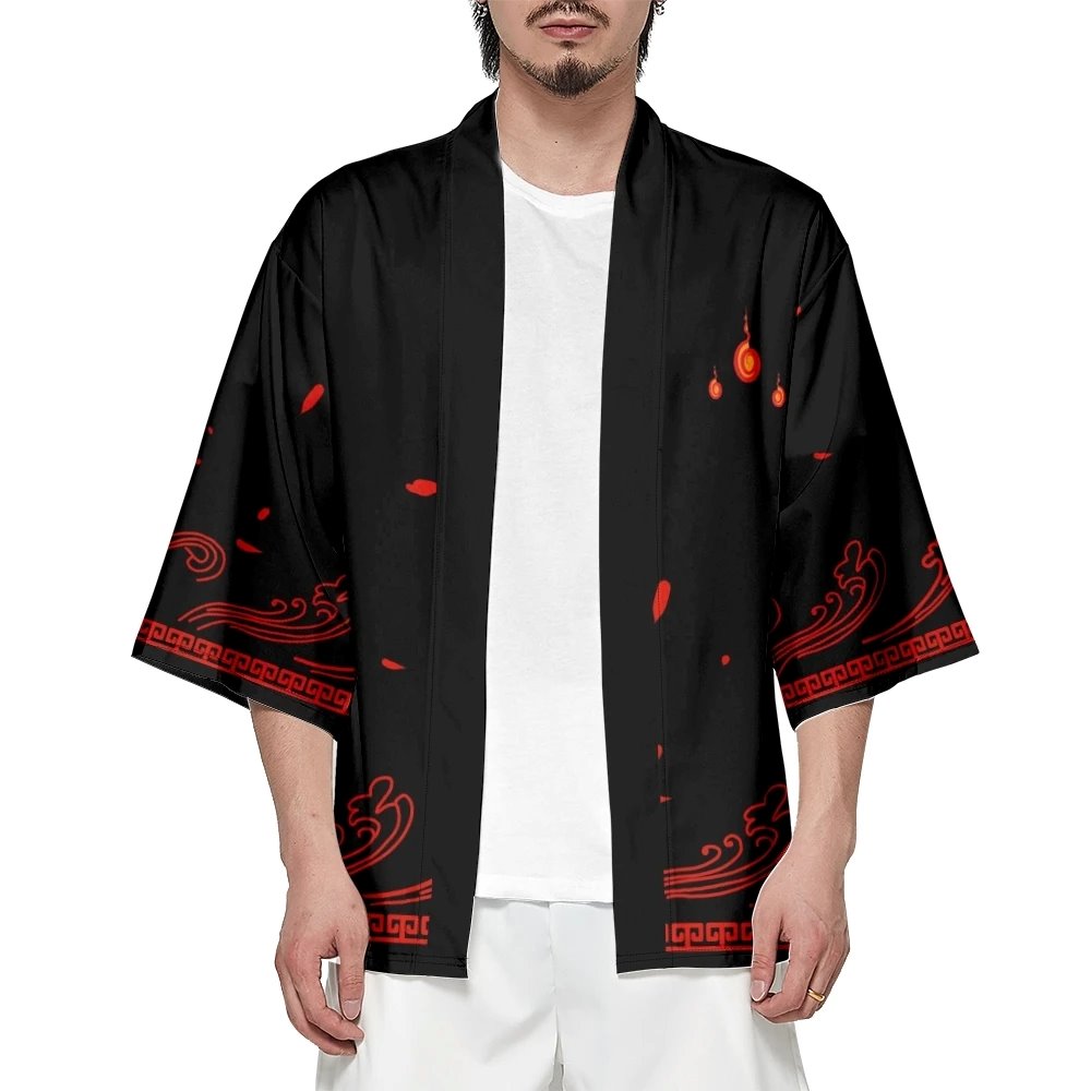 Anime White Fox Mask Black Red Unisex Kimono
