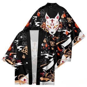 Anime White Fox Mask Pattern Unisex Kimono