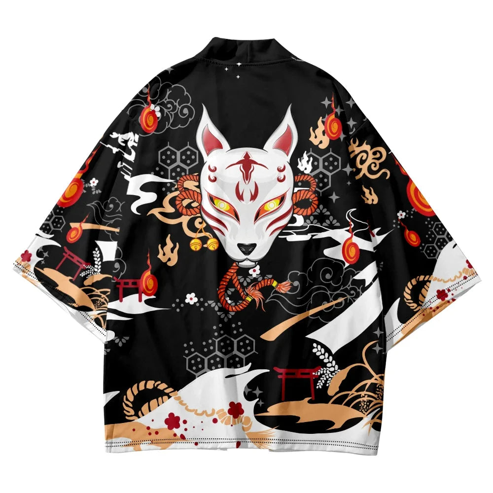 Anime White Fox Mask Pattern Unisex Kimono - Image 2