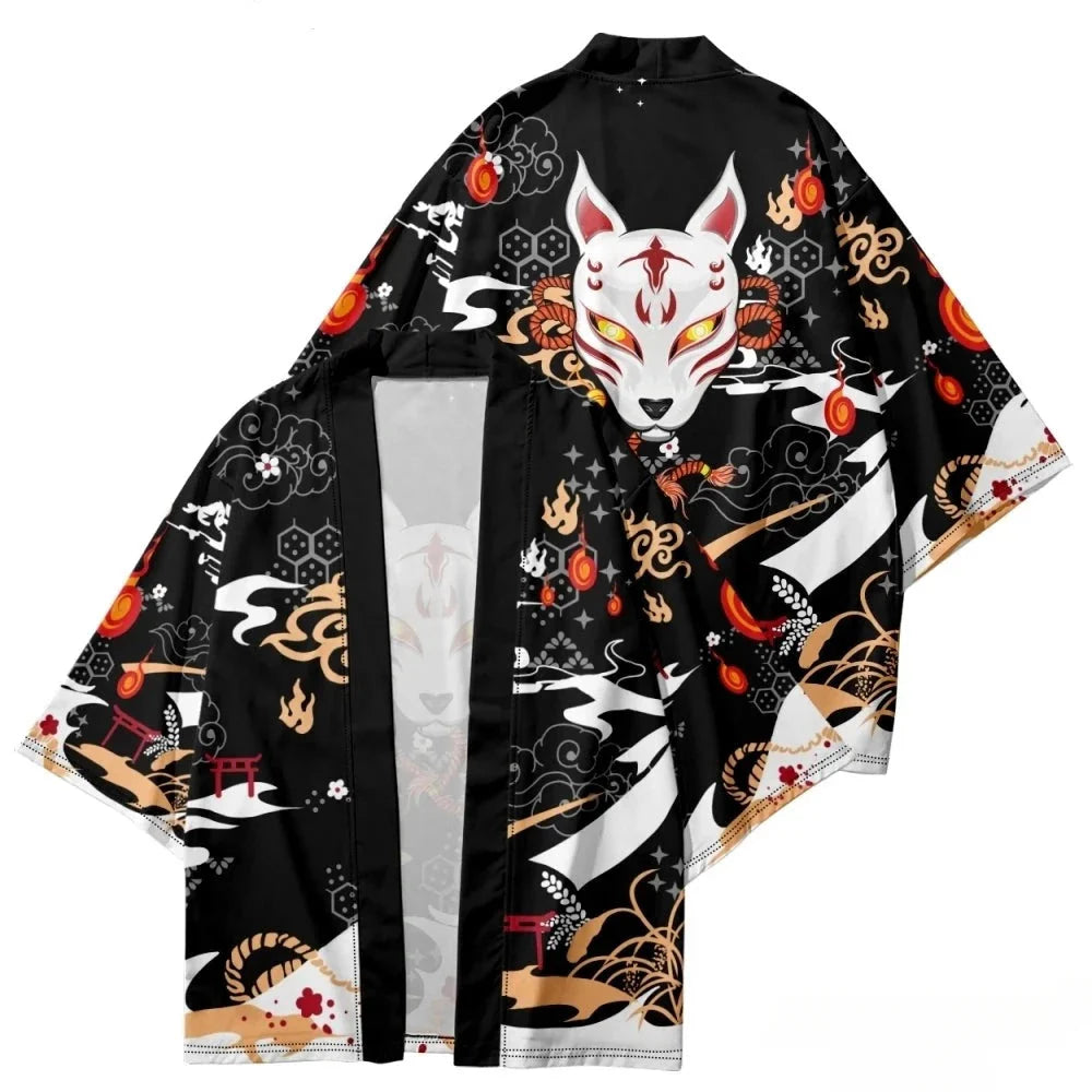 Anime White Fox Mask Pattern Unisex Kimono