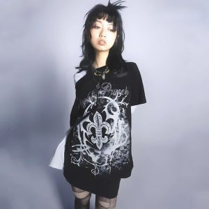 Black Gothic Floral Pattern Off Shoulder Women's Tee