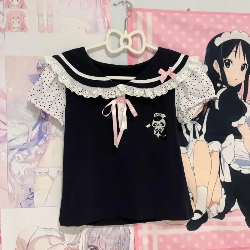 Black Japanese-themed Harajuku Panda Lace Women's Tee - Image 2