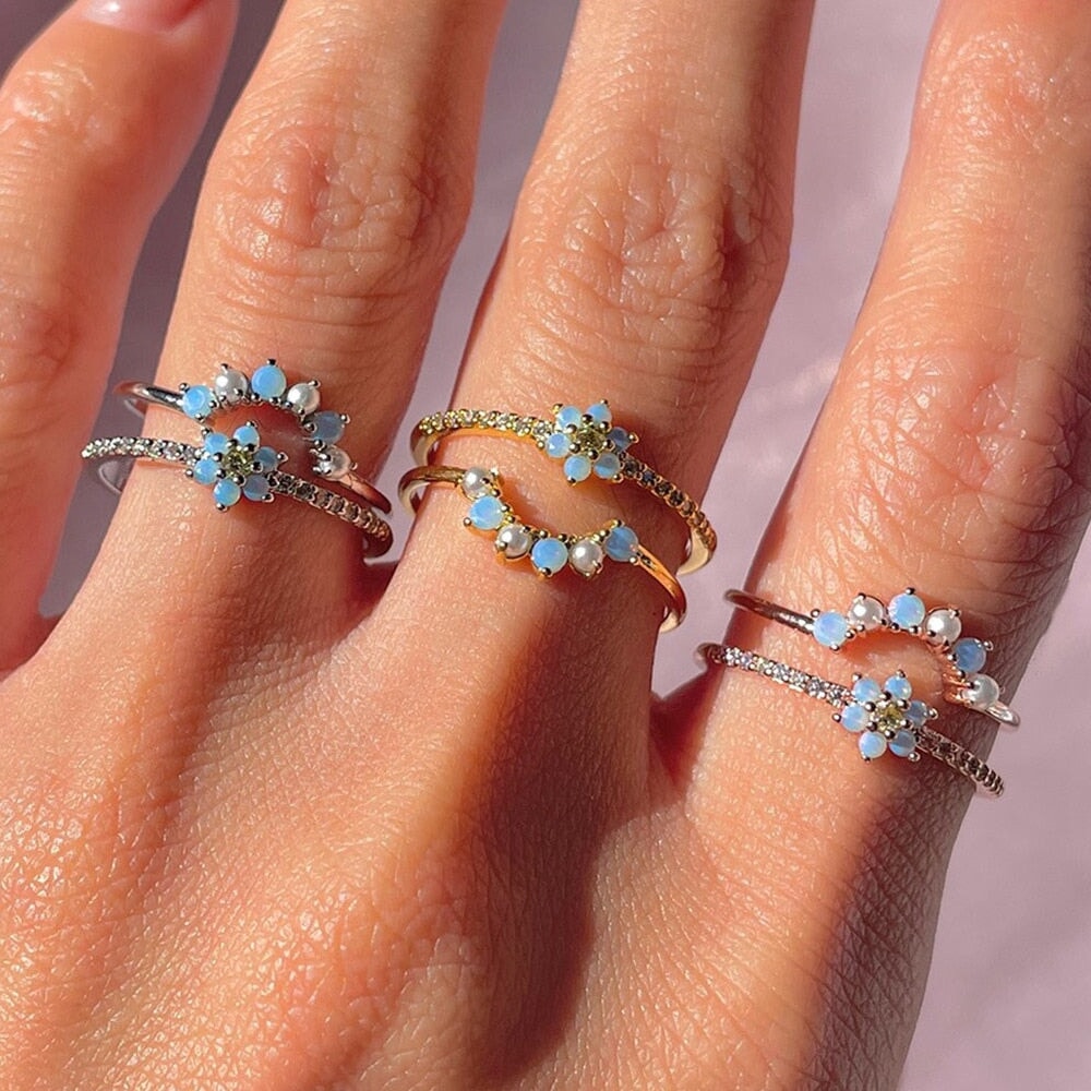 Blue Flower Beaded Gold-plated Rings