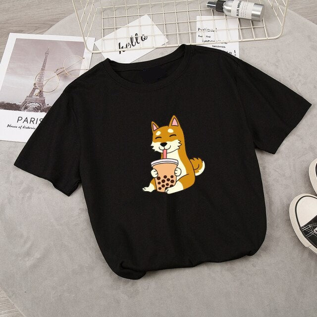 Cartoon Shiba Inu drinking Bubble Tea Women's Part Cotton Tee - Image 4