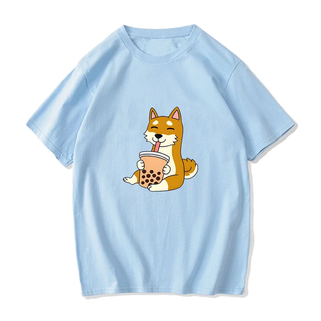 Cartoon Shiba Inu drinking Bubble Tea Women's Part Cotton Tee - Image 5