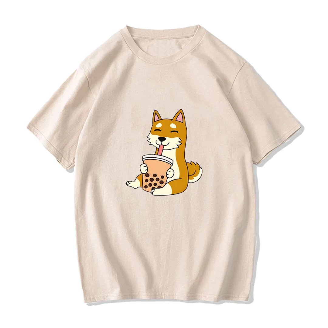 Cartoon Shiba Inu drinking Bubble Tea Women's Part Cotton Tee - Image 6