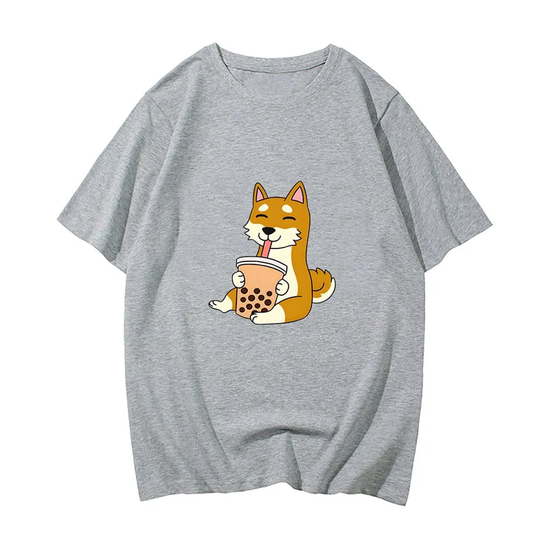Cartoon Shiba Inu drinking Bubble Tea Women's Part Cotton Tee - Image 7