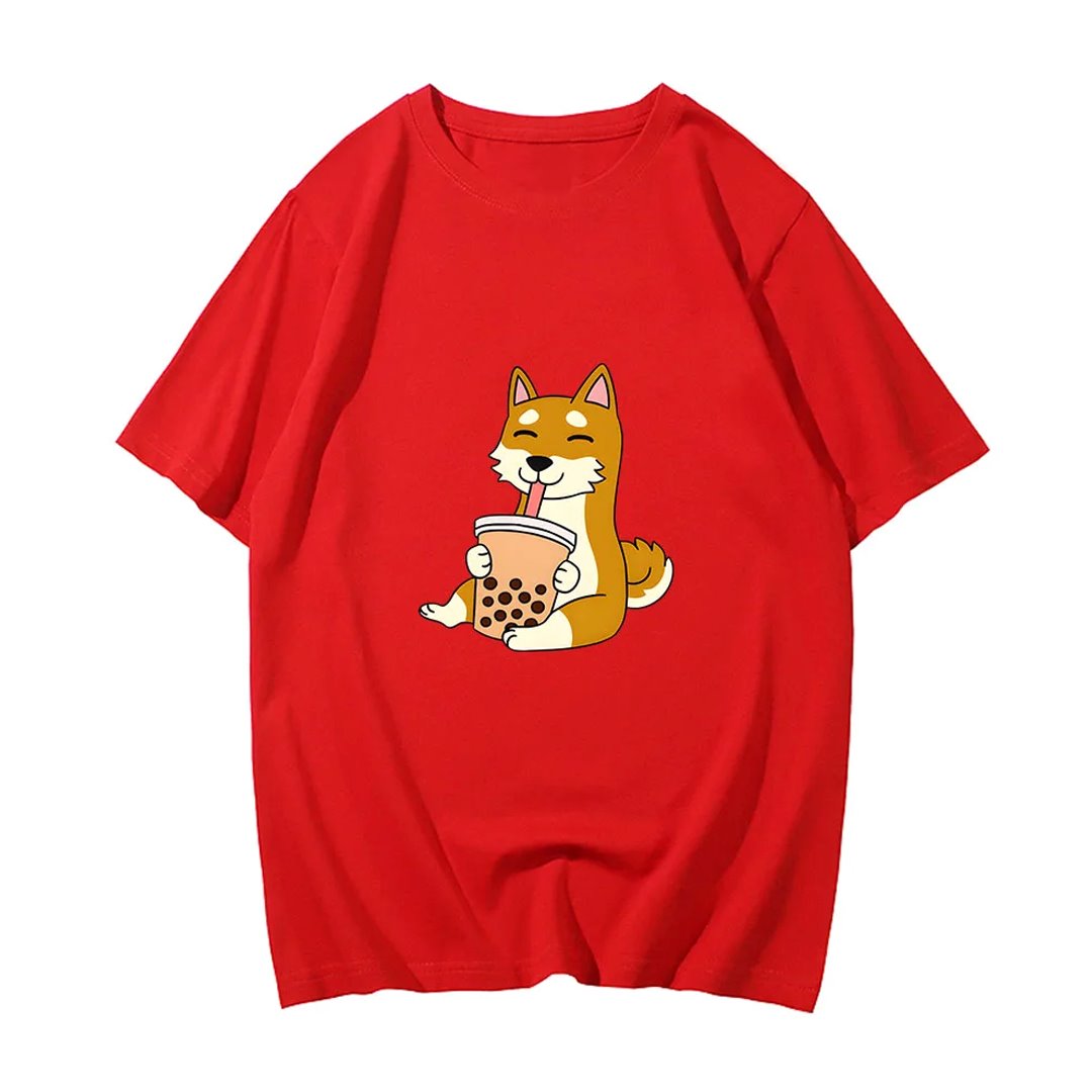 Cartoon Shiba Inu drinking Bubble Tea Women's Part Cotton Tee - Image 8