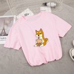 Cartoon Shiba Inu drinking Bubble Tea Women's Part Cotton Tee