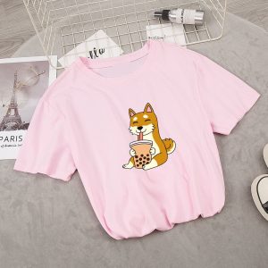Cartoon Shiba Inu drinking Bubble Tea Women's Part Cotton Tee