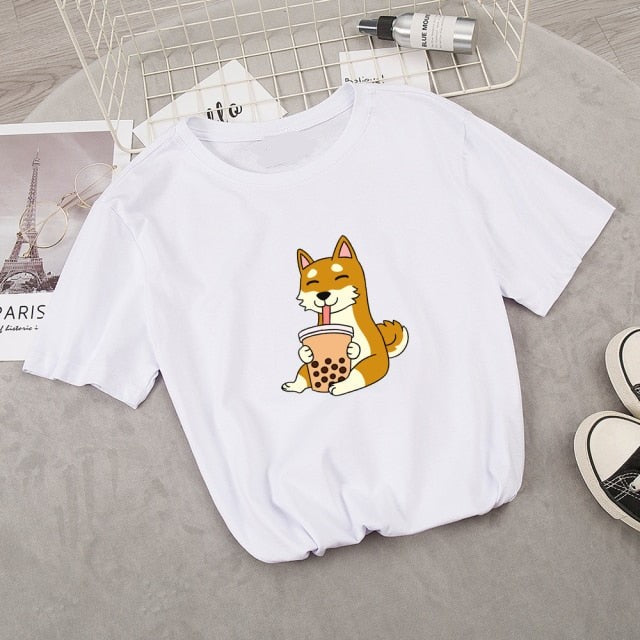 Cartoon Shiba Inu drinking Bubble Tea Women's Part Cotton Tee - Image 3