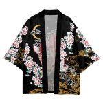 Cherry Blossomg Koi Fish Black Kimono Two-Piece Set