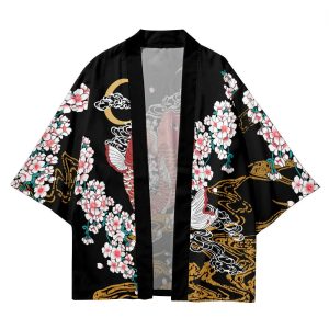 Cherry Blossomg Koi Fish Black Kimono Two-Piece Set