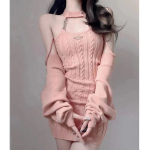 Coral Pink Cardigan Dress Ribbed Women's 2pc Knit Set