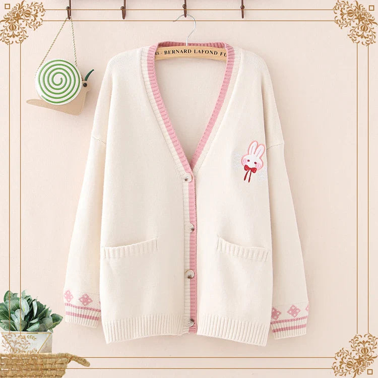 Cute Bunny Long Sleeve Knitted Pink Cream Black Cardigans Tops - Image 3