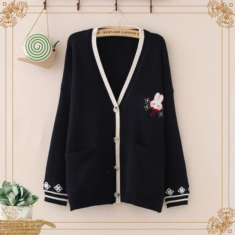 Cute Bunny Long Sleeve Knitted Pink Cream Black Cardigans Tops - Image 4