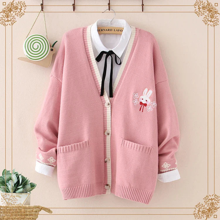Cute Bunny Long Sleeve Knitted Pink Cream Black Cardigans Tops - Image 2