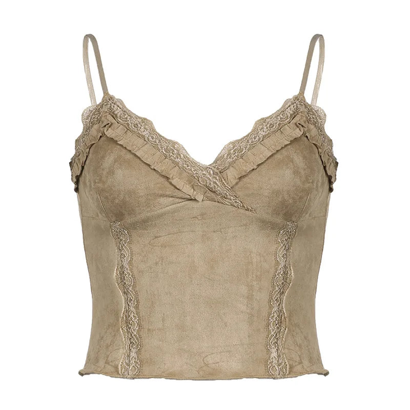 Cute Khaki Lace Spaghetti Vest - Image 2