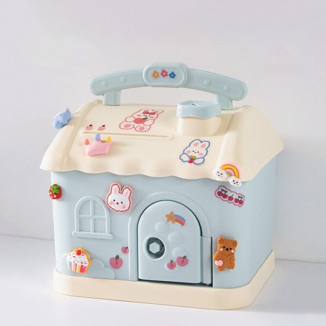 Cute Pink Blue Savings Piggy Bank Money Box House with Stickers - Image 3