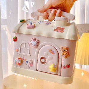 Cute Pink Blue Savings Piggy Bank Money Box House with Stickers
