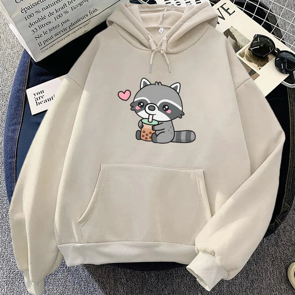 Cute Raccoon Drinking Bubble Milk Tea Unisex Hoodie - Image 4