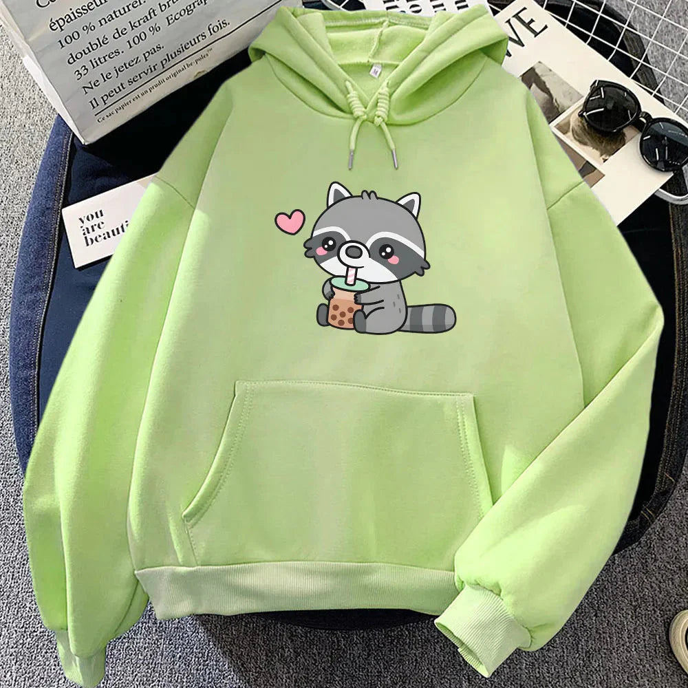 Cute Raccoon Drinking Bubble Milk Tea Unisex Hoodie - Image 9