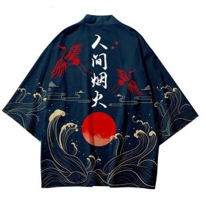 Dark Navy Blood-Red Sun Cranes Unisex Kimono
