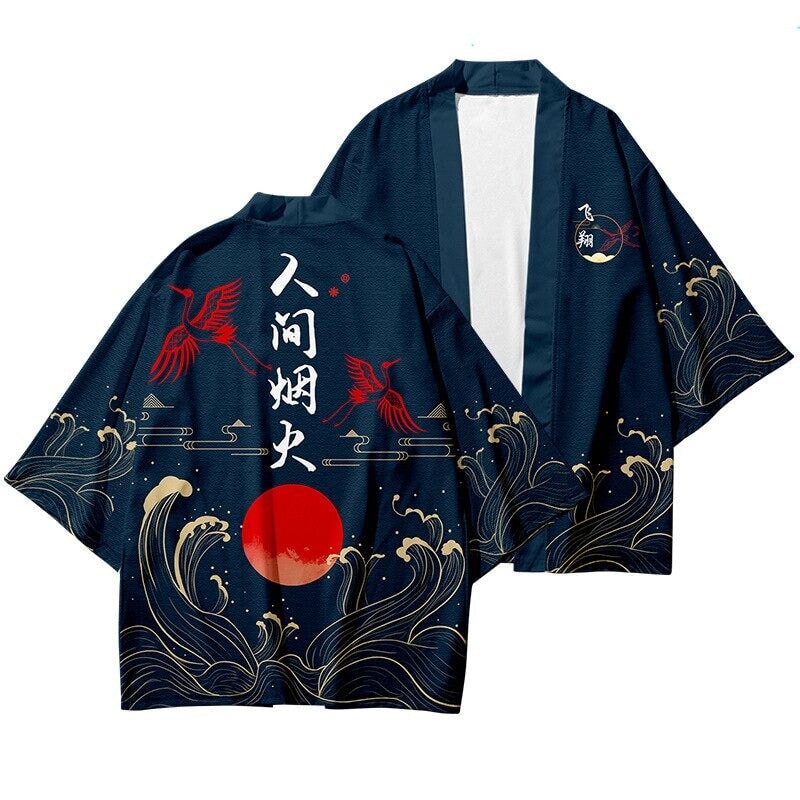 Dark Navy Blood-Red Sun Cranes Unisex Kimono - Image 2