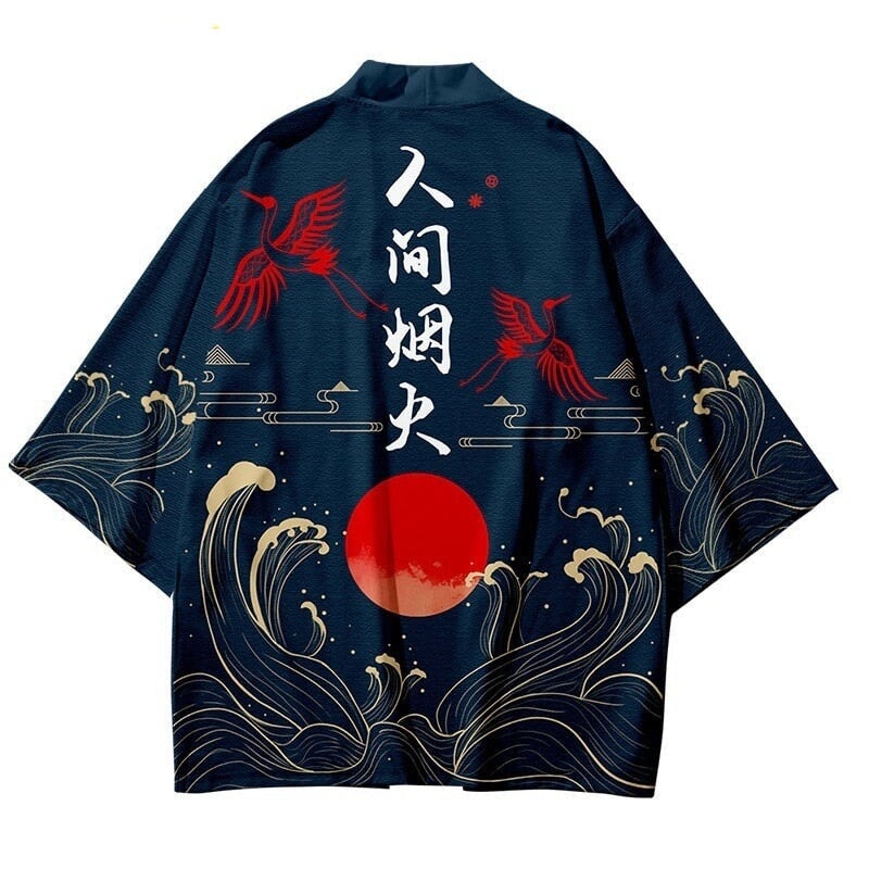 Dark Navy Blood-Red Sun Cranes Unisex Kimono
