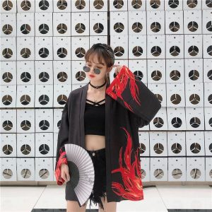 Flaming Red Phoenix Black White Women's Kimono Cardigan