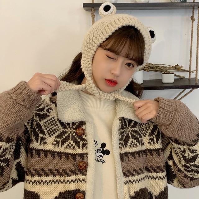 Frog Pom Pom Knit Beanie Hat - Image 3