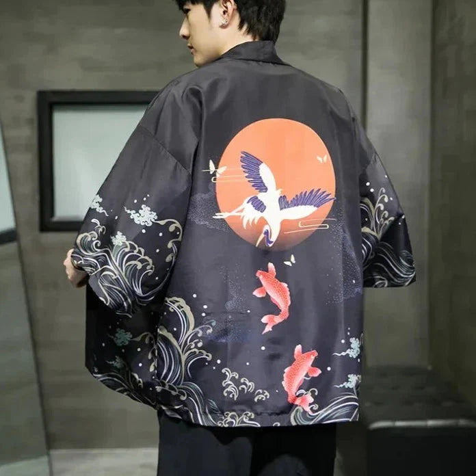 Golden Koi and Japanese Crane Men Kimono - Image 3