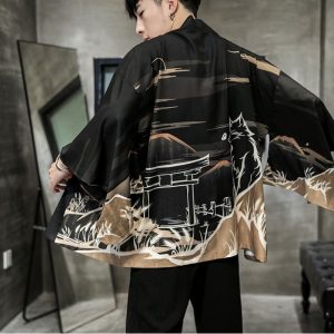 Golden Wild Autumn and Misty Torii Men Kimono