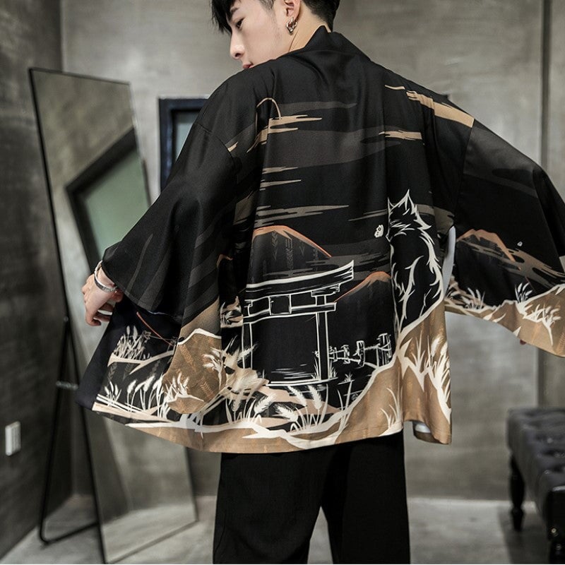 Golden Wild Autumn and Misty Torii Men Kimono