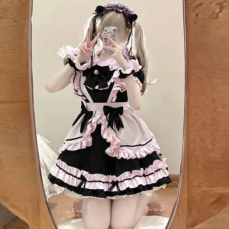 Gothic Black Pink Sweet Lolita Women's Maid Dress Bowknots - Image 3