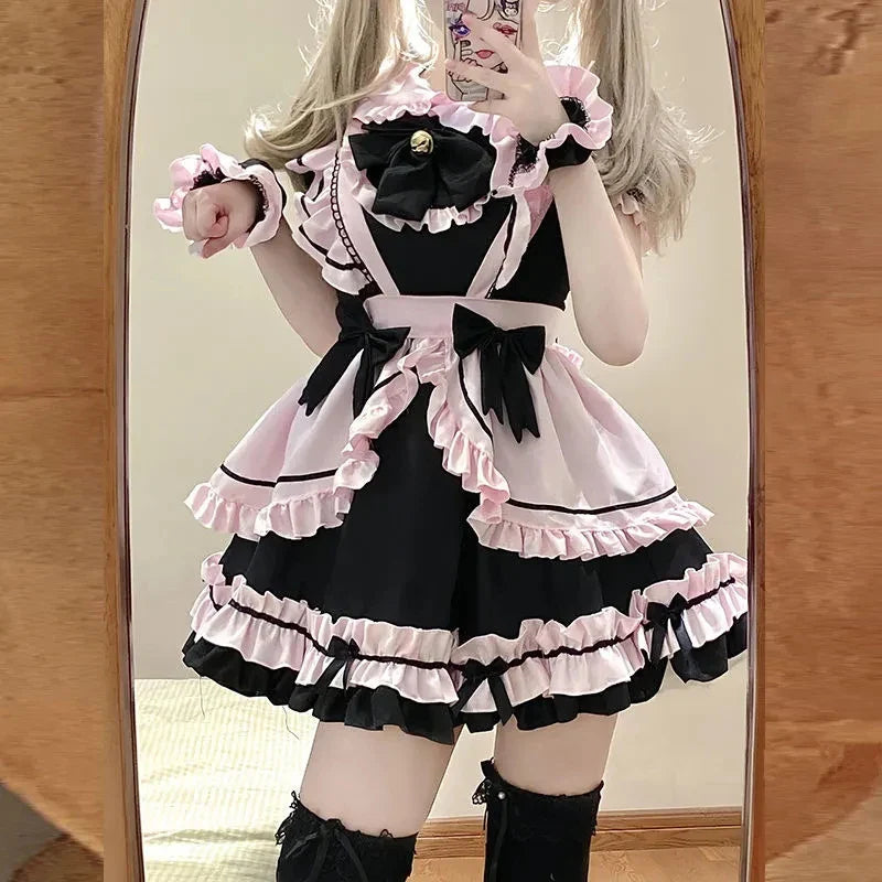 Gothic Black Pink Sweet Lolita Women's Maid Dress Bowknots - Image 2