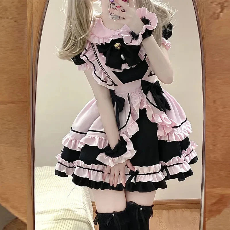 Gothic Black Pink Sweet Lolita Women's Maid Dress Bowknots - Image 4