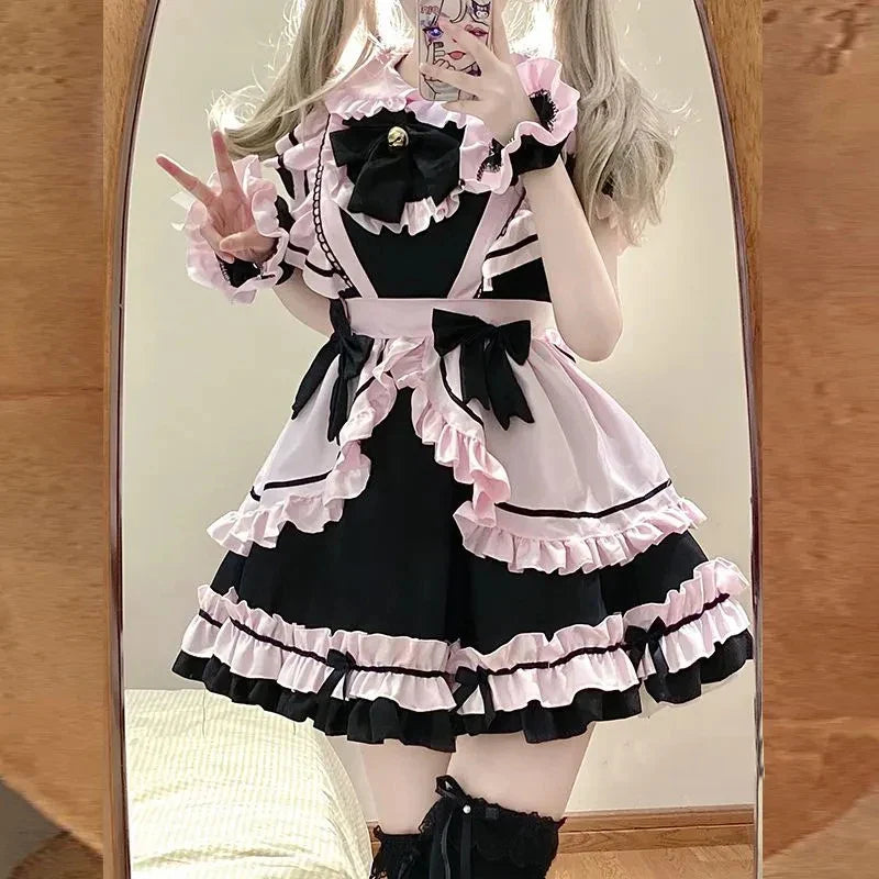 Gothic Black Pink Sweet Lolita Women's Maid Dress Bowknots - Image 5