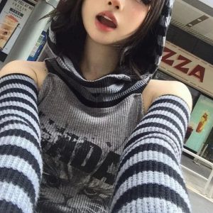 Gothic Gray Striped Cat Hooded Women's Top