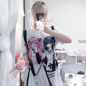 Gothic Harajuku Two Girls Long White Women's Tee