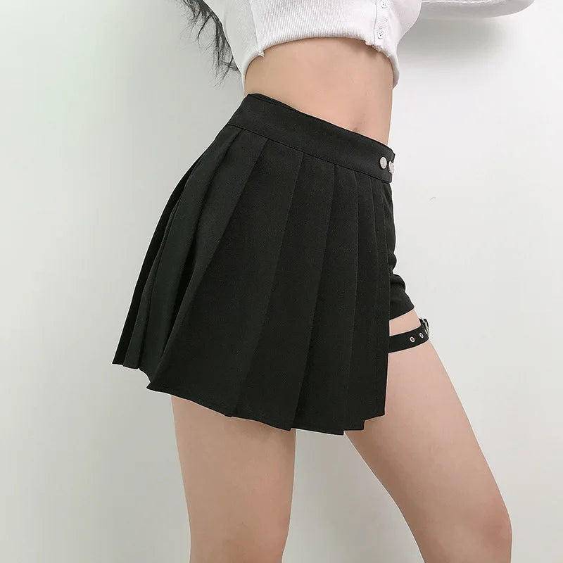 Half-Cut High Waist Black Checked Mini Skirts