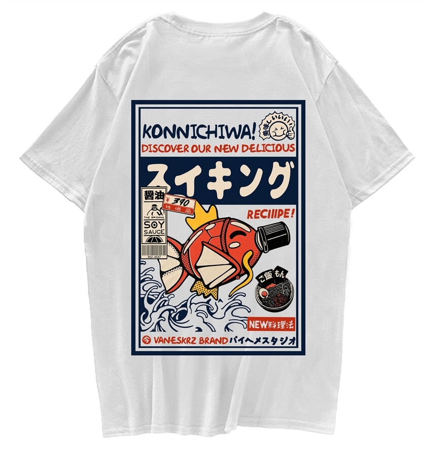 Harajuku Japanese Fish Konnichiwa Poster Unisex Tee - Image 3