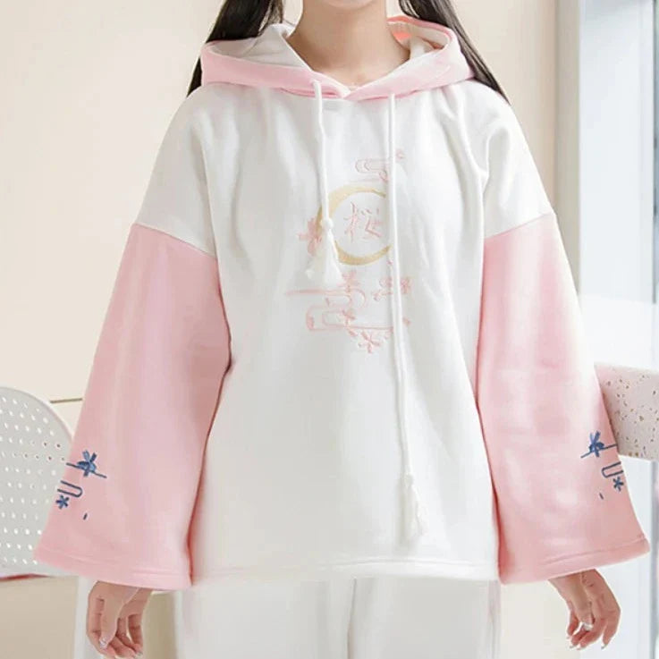Harajuku Moon Sakura Blue Pink Loose Women's Hoodie - Image 3