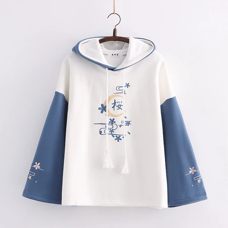 Harajuku Moon Sakura Blue Pink Loose Women's Hoodie