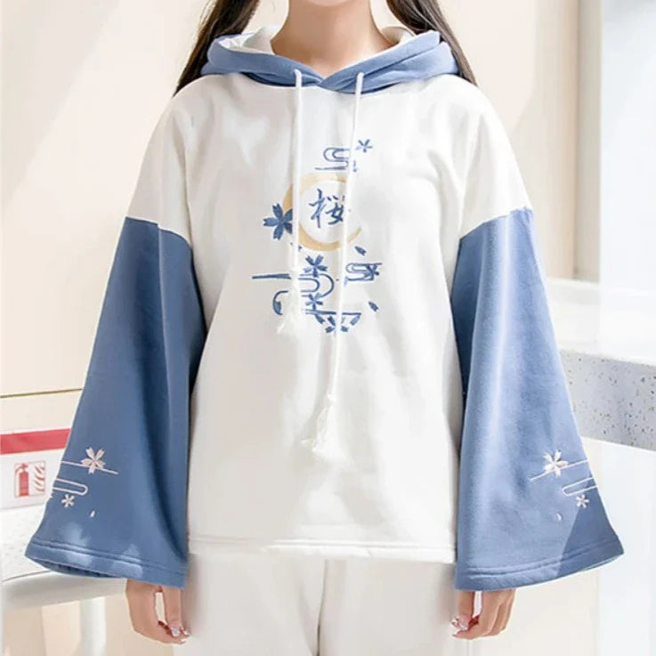 Harajuku Moon Sakura Blue Pink Loose Women's Hoodie - Image 2