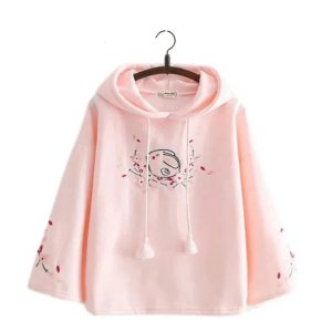 Harajuku White Pink Bunny Sakura Embroidery Hoodie
