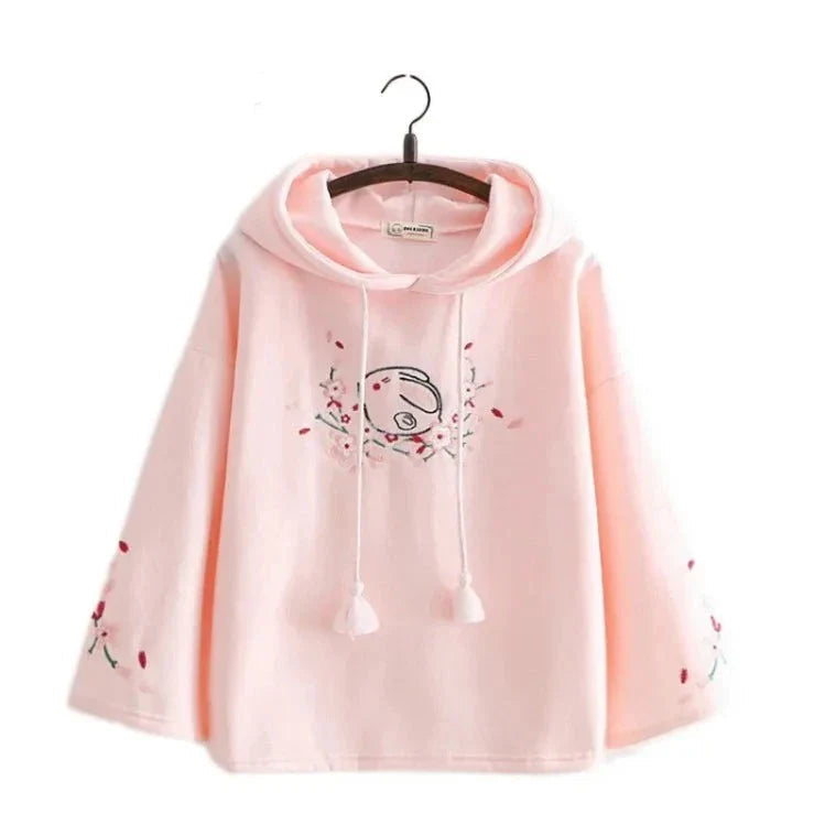 Harajuku White Pink Bunny Sakura Embroidery Hoodie