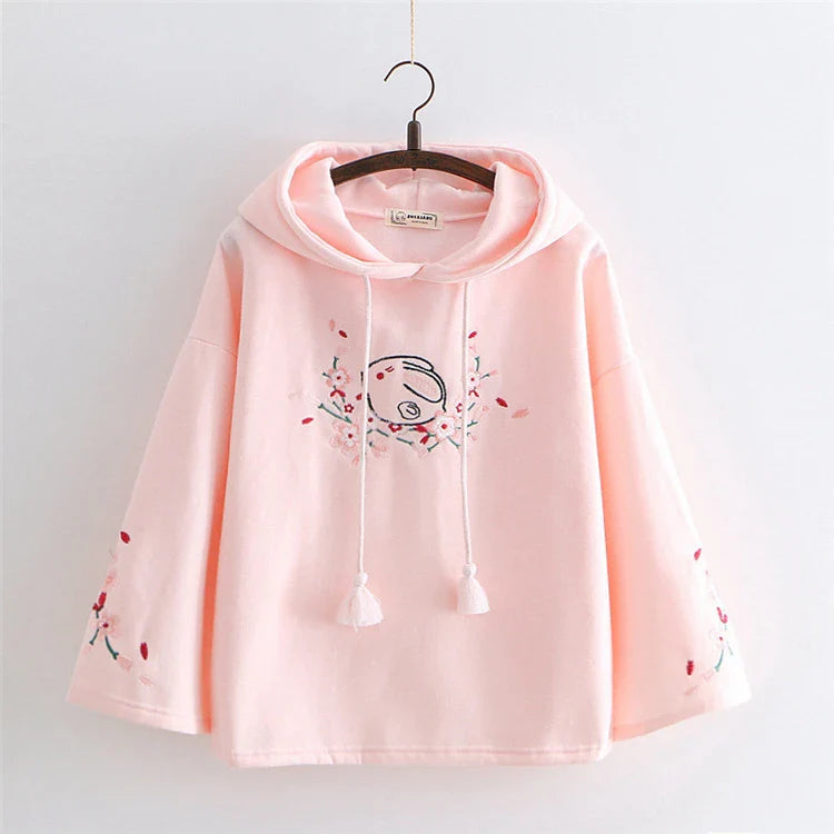 Harajuku White Pink Bunny Sakura Embroidery Hoodie - Image 3